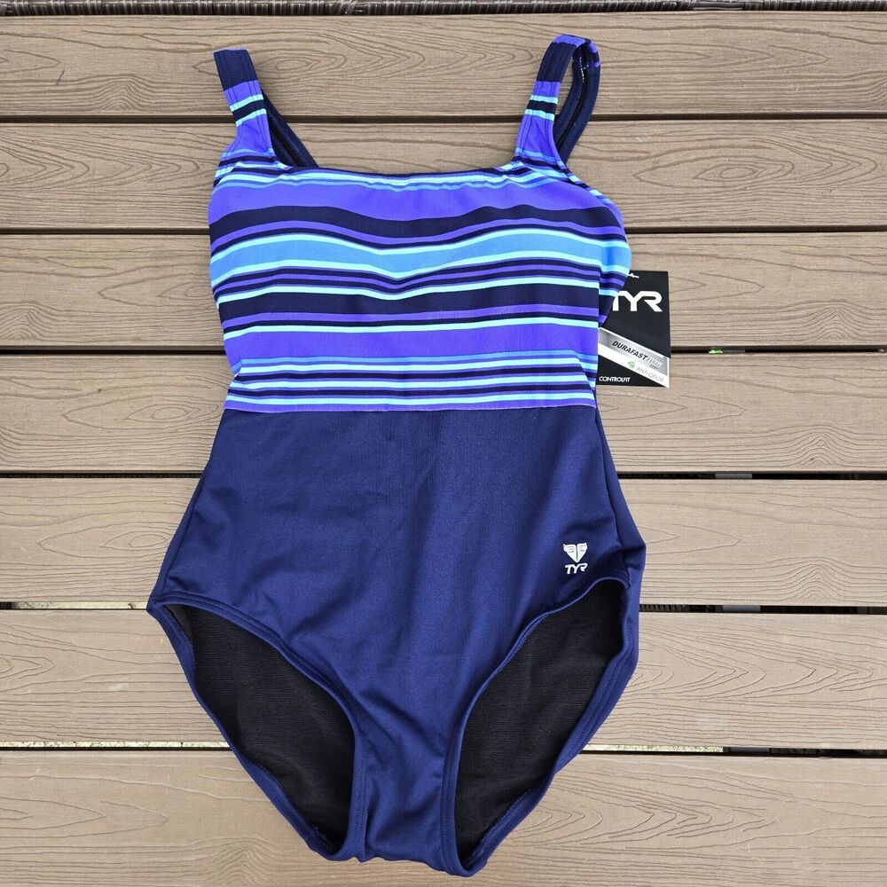 TYR Delray Straight Neck Control Fit Blue/blue 1 Piece Bathing Suit Sz 8 NWT